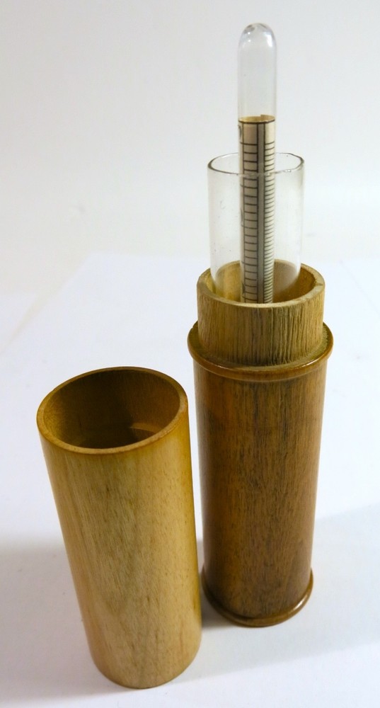 Antique Hydrometer in Turned Solid Maple Two-Part Storage Tube — Refinished