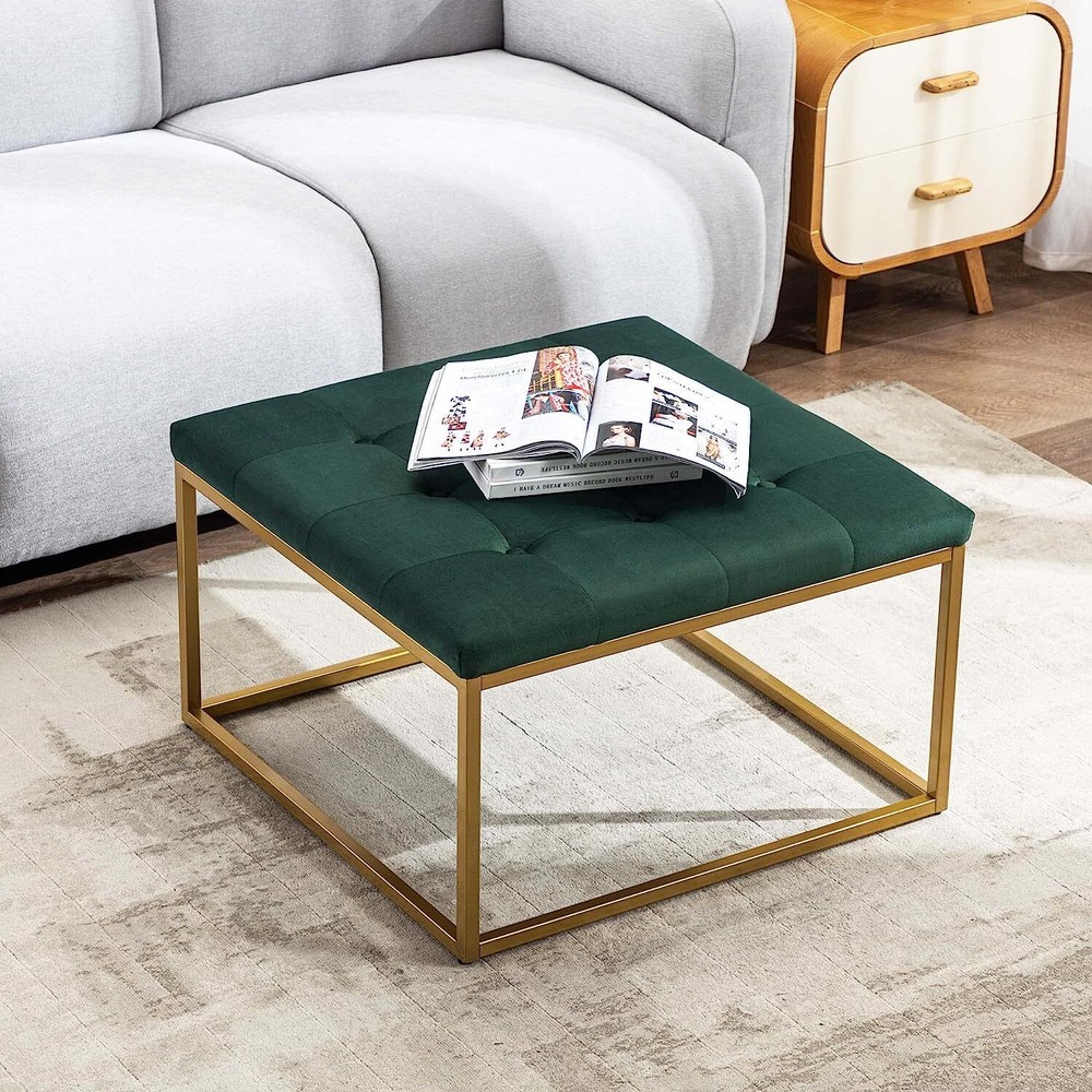 Upholstered Square Ottoman Coffee Table, Modern Tufted Ottoman with Metal Base