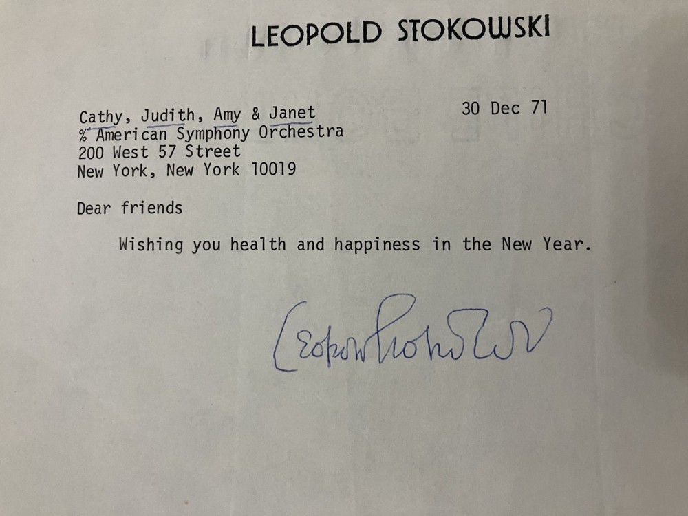 Signed note from Leopold Stokowski 1971 - American Symphony Orchestra