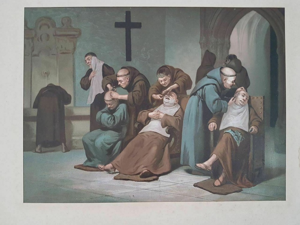 Old Engraving "Religious Scene" Monks