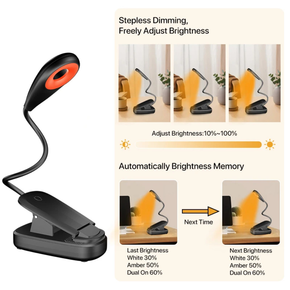 Rechargeable Red & Amber light night reading book light | blue light blocking