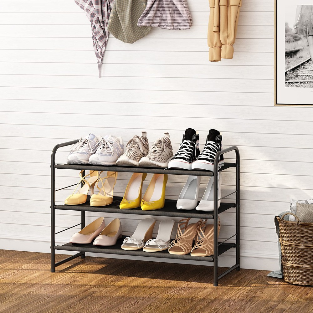 3 Tier Stackable Shoe Rack, Expandable Adjustable Fabric Shoe Shelf Storage O...