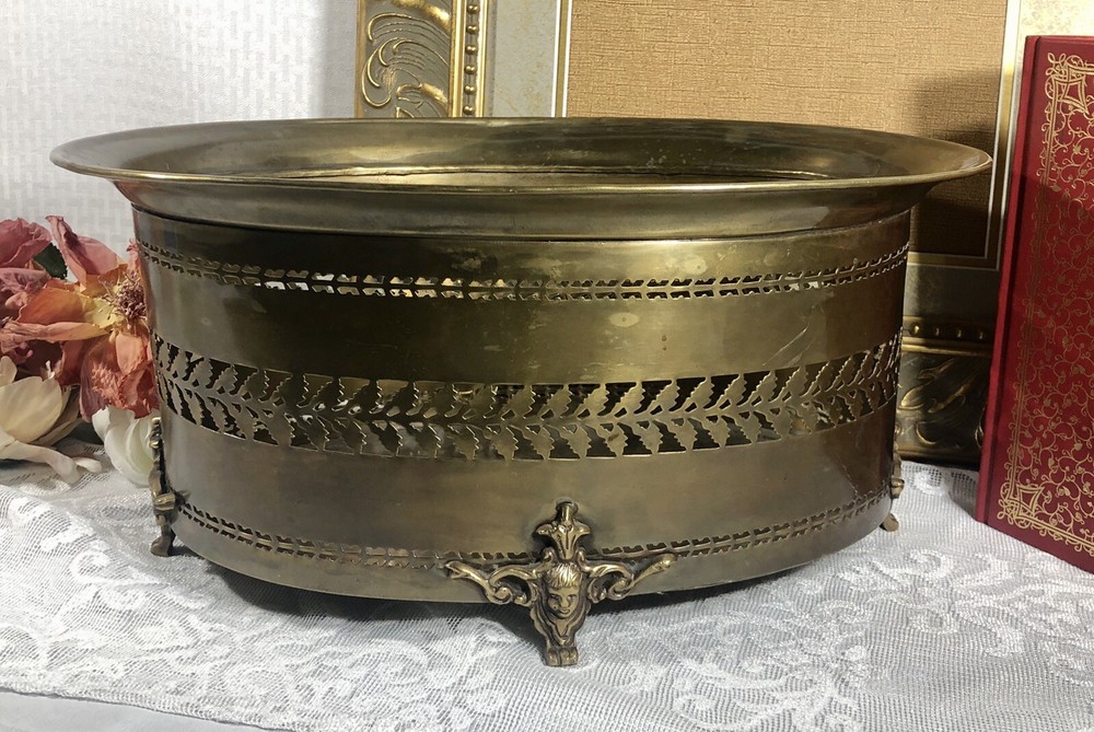 Solid Brass Planter Antiqued Brass Cherub Footed Container Pierced Sides *
