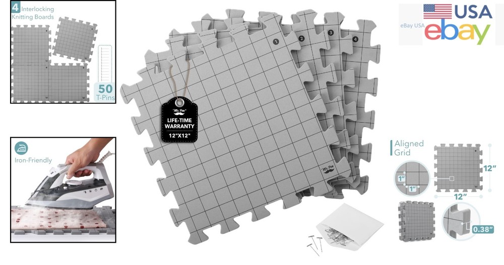 Interlocking Knitting Blocking Mats with Grid Lines and 50 T-Pins for Projects