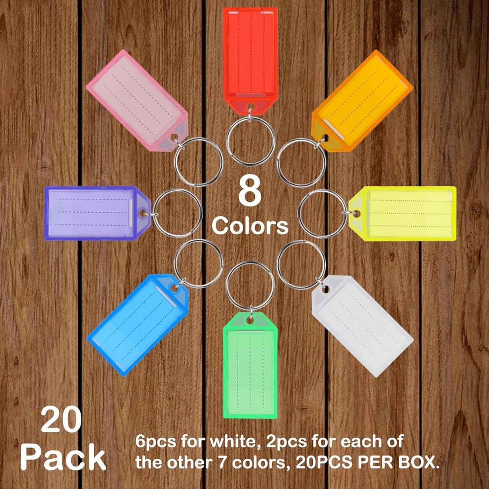 20 Pack Plastic Keychain Key Chain Tag Labels with Split Ring & Label Window for