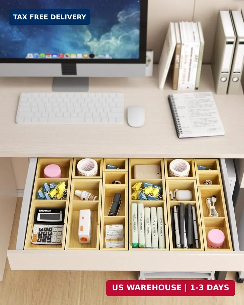 12-Piece Bamboo Desk Drawer Organizer Set - Adjustable Storage Boxes with 24 Com