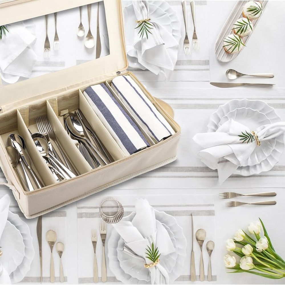 Flatware Utensil Storage Case, Beige Silverware Storage Box Chest with Adjust...