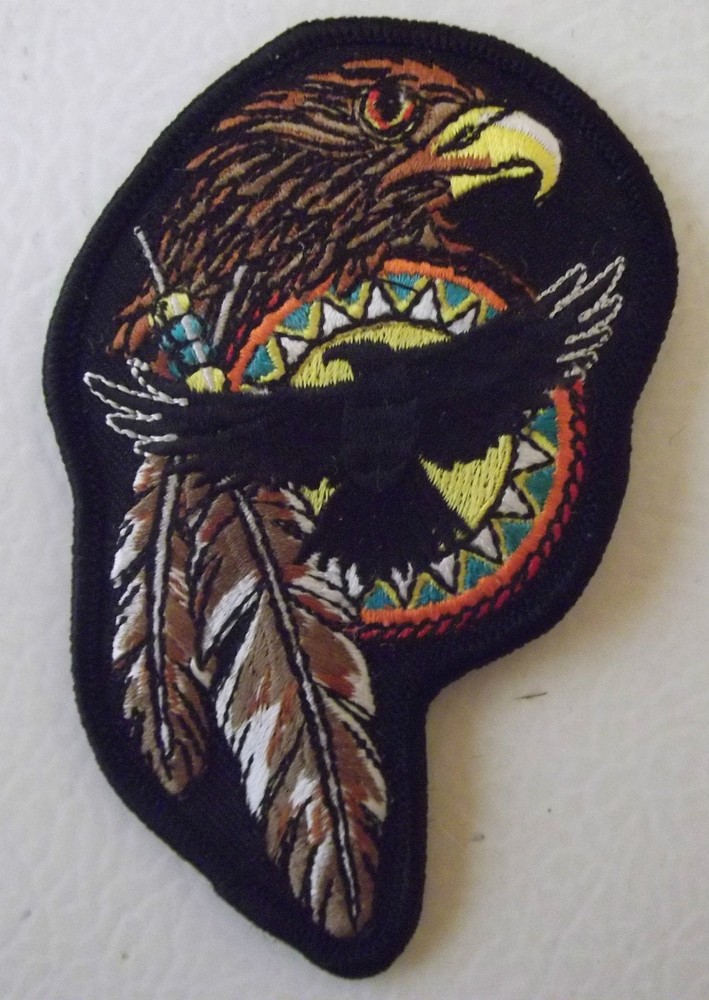 HAWK HEAD & FEATHERS FLYING HAWK PATCH  -  EMBROIDERED NATIVE PATCH  - NEW