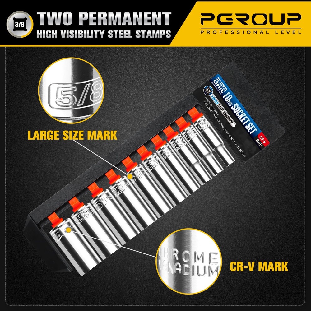 PGROUP 10PCS 3/8” Drive Deep Socket Set, SAE 3/8" (5/16"-7/8")