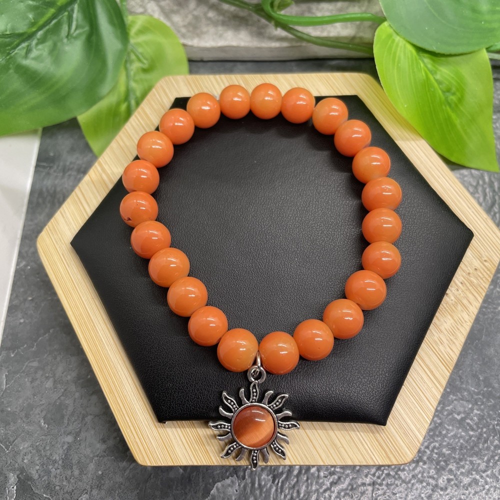 Handmade Stone Bead Stackable 6” Plus Stretch Bracelet Sunburst Charm B8117