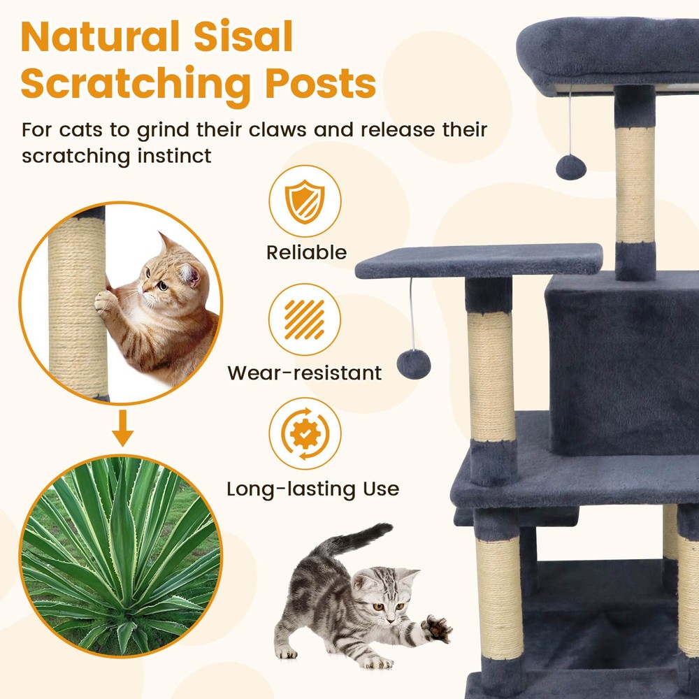 58” Tall Multi-level Cat Tree w/Upholstered Perch & Cat Condo, Comfy Hammock