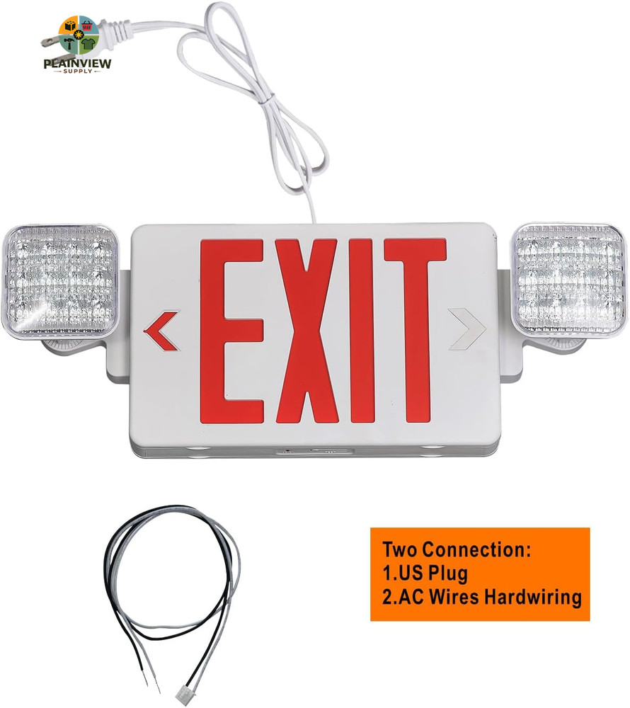 Red Exit Sign with Emergency Lights, 1.0 Meter Plug in Exit Sign with Battery Ba