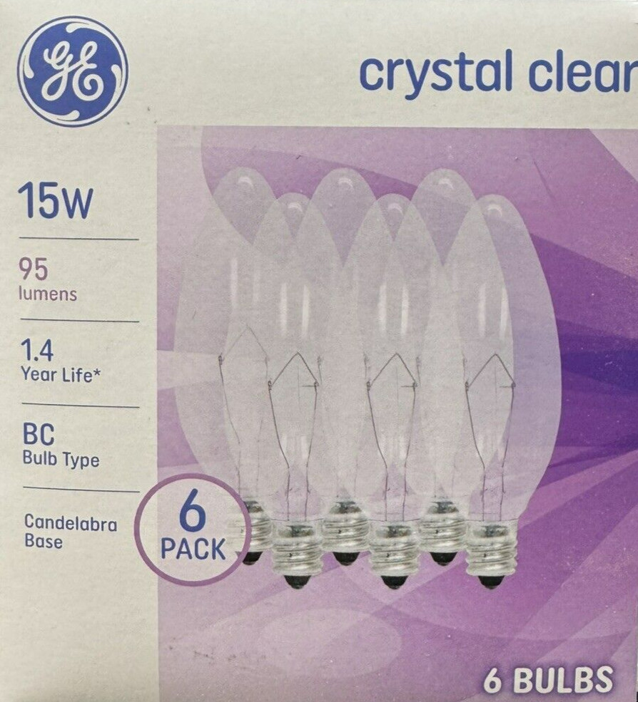 6 GE 15W Clear Blunt Tip BC-Type Light Bulbs w/Candelabra Base