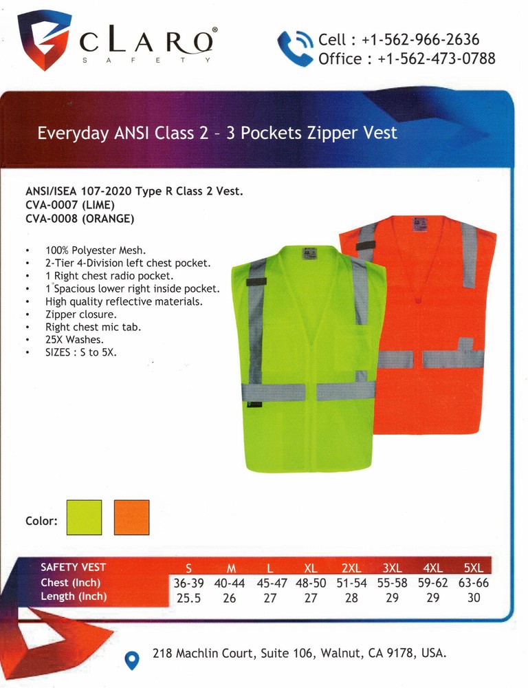 Everyday ANSI Class 2- 3 Pockets Zipper Vest