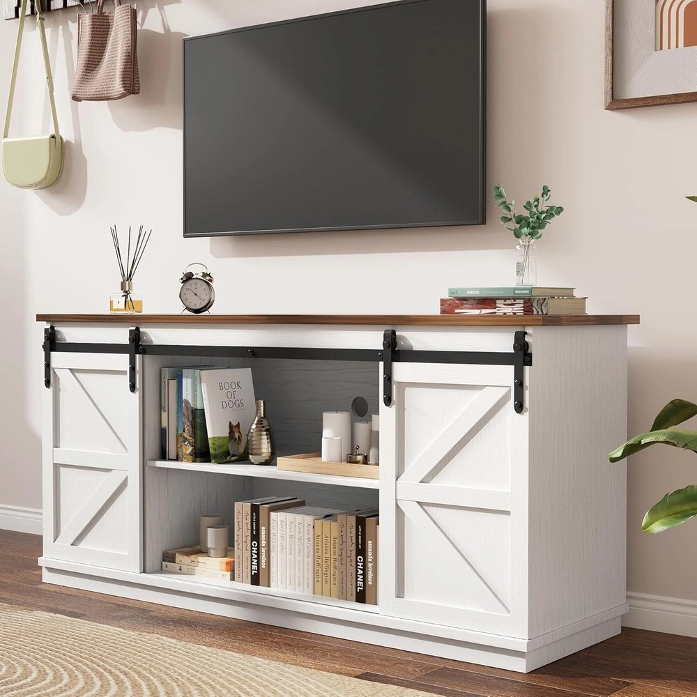 Large White TV Stand, Sliding Barn Doors, Console Table, 58"