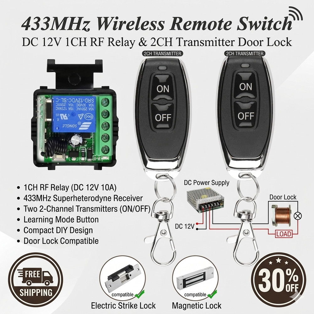 433MHz Wireless Remote Switch DC 12V 1CH RF Relay & 2CH Transmitter Door Lock