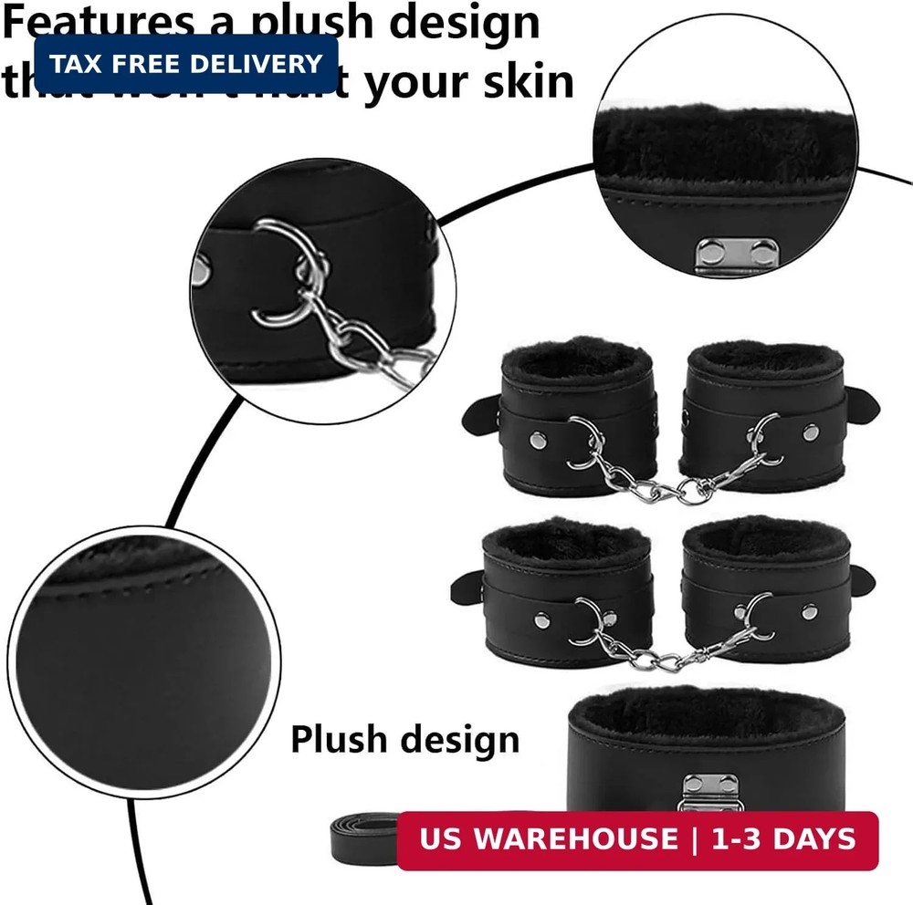 7-Pcs BDSM Kit for Beginners, Black Bondage Set for Couples with Adjustable Wris