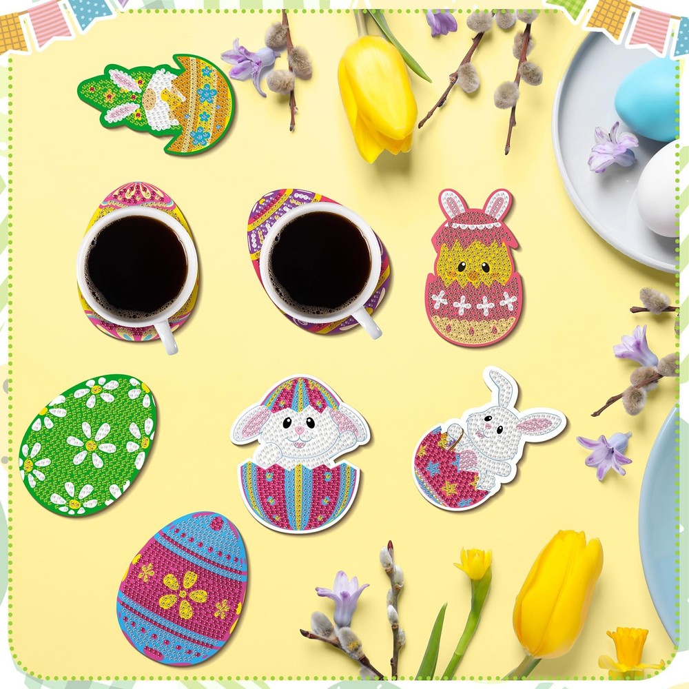 FairySandy 10 Pcs Easter Diamond Painting Coasters Egg Bunny Medium, As Shown