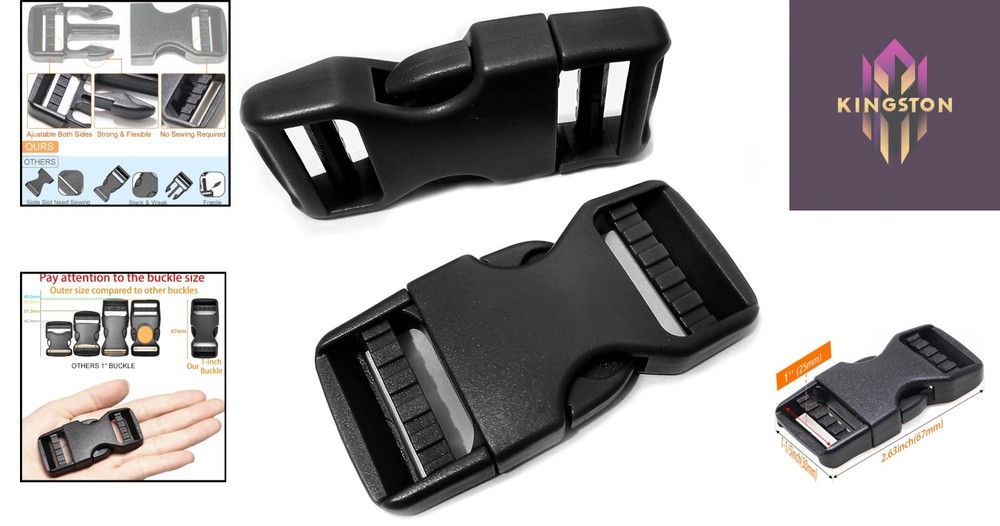 Heavy Duty Adjustable Buckles 1-Inch for Webbing - No Sew, Quick-Release 2 Pack