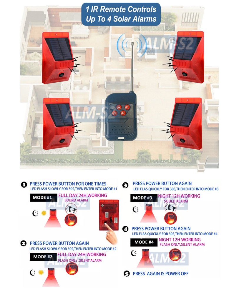 Solar Motion Sensor Alarm 110dB Siren Red Strobe Light for Home Security