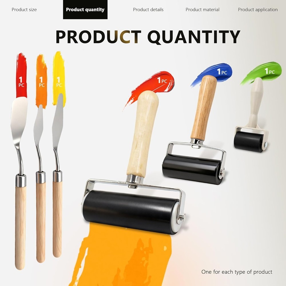 6 Pack Rubber Brayer Roller Kit,3 Sizes Rubber Rollers with 3 Scrapers for6207