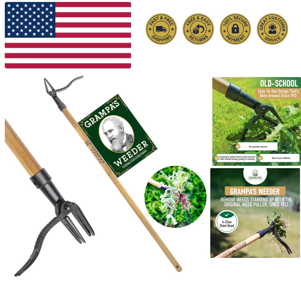 The  Stand Up Weed Puller Tool with Long Handle - Made with Real Bamboo & 4-C...