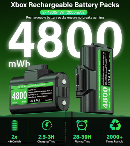 Rechargeable Controller Battery Pack for Xbox,2x4800mWh(2000mAh) Black