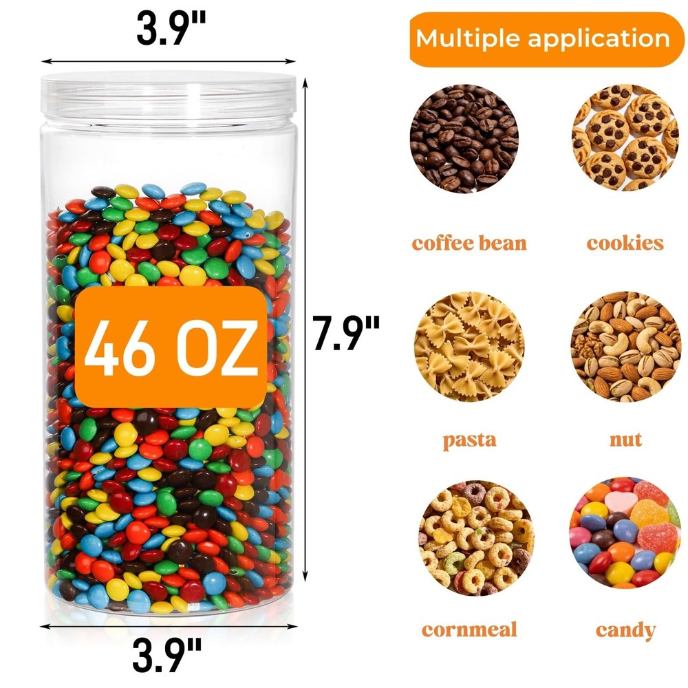8 Pack Clear Plastic Jars with Lid, 46 OZ Round Candy Storage Jars, Empty Lar...