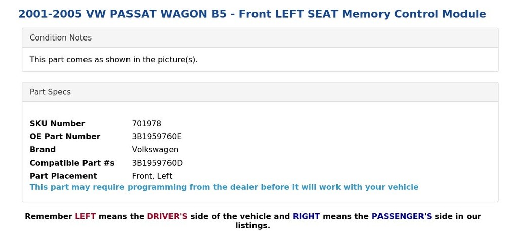 2001-2005 VW PASSAT WAGON B5 - Front LEFT SEAT Memory Control Module