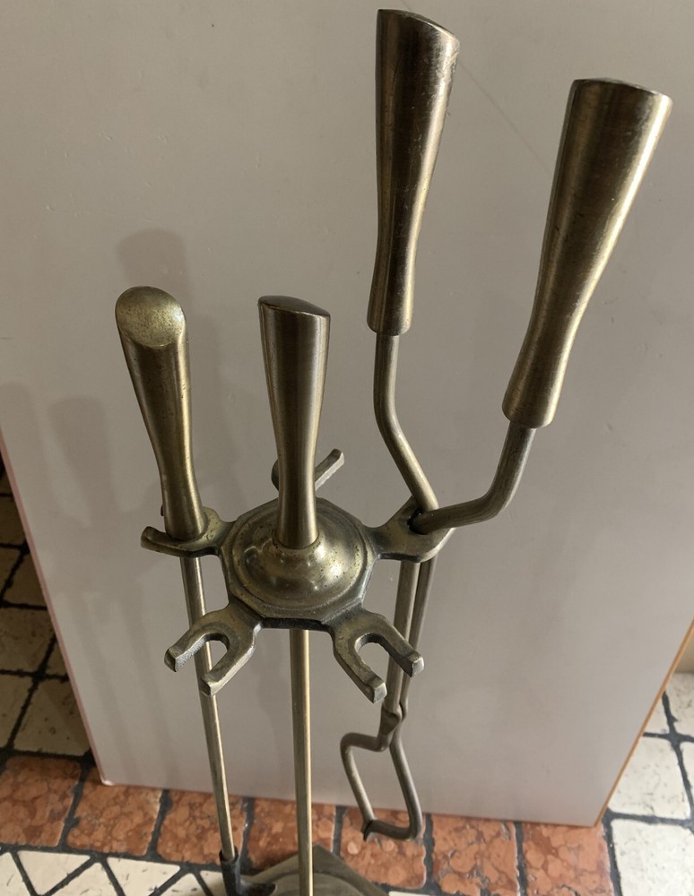 vintage cast iron brass fireplace set