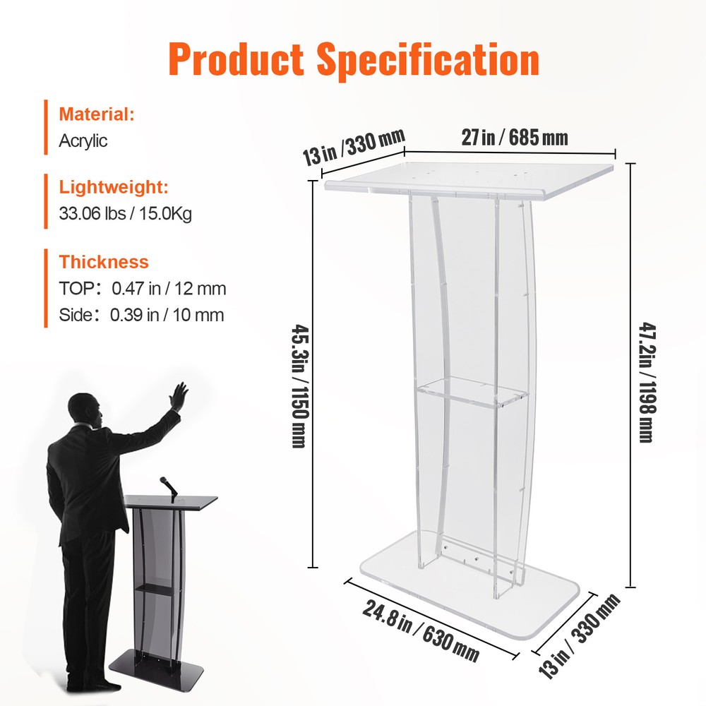 VEVOR Acrylic Podium 47" Acrylic Podium Stand Reading Surface Storage Shelf