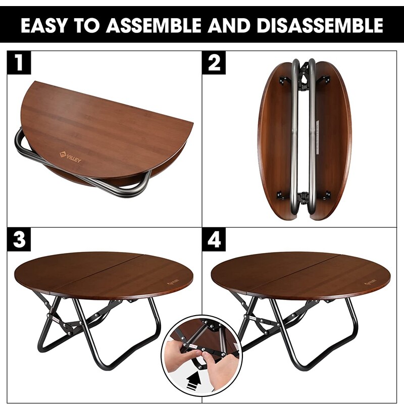 VILLEY Halffold Portable Bamboo Table Round Folding Camping Table w/Carrying Bag