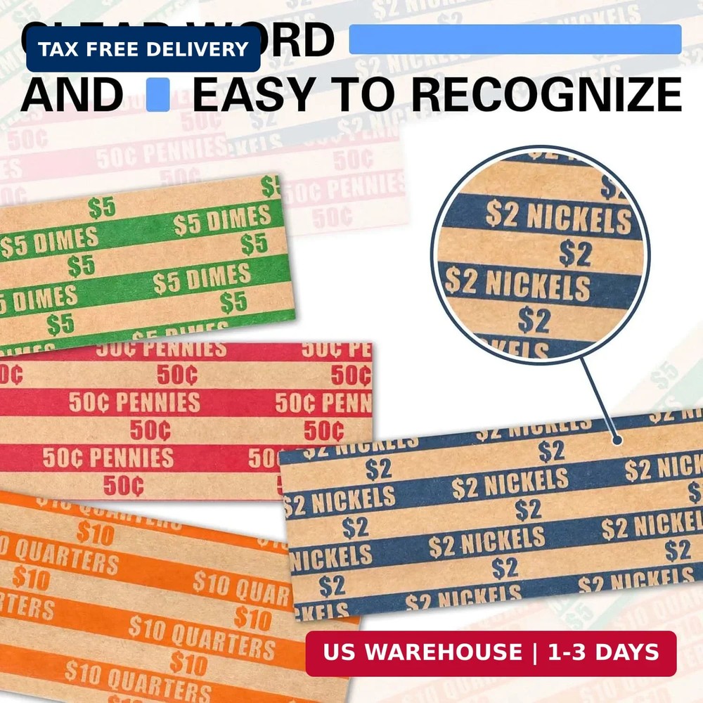 ESSENTIAL 100 pcs Assorted Packed Flat Stripped Coin Wrappers, Coin Rolls Wrappe