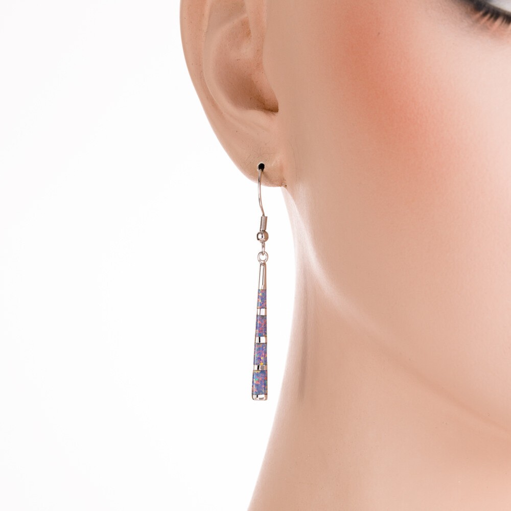 Camber Surface Stick Lavender Purple Fire Opal Silver Dangle Drop Earrings
