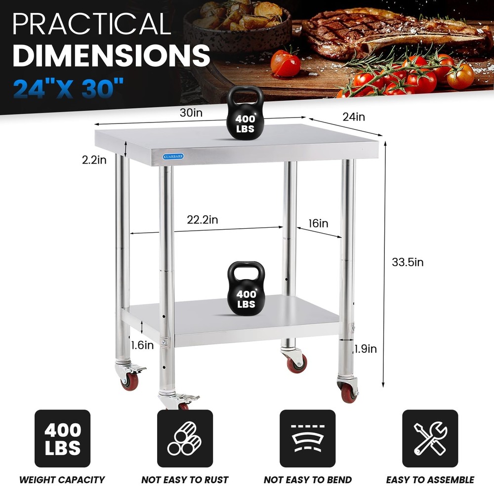 Stainless Steel Table for Prep & Work with 4 Caster Wheels with Adjustable Un...