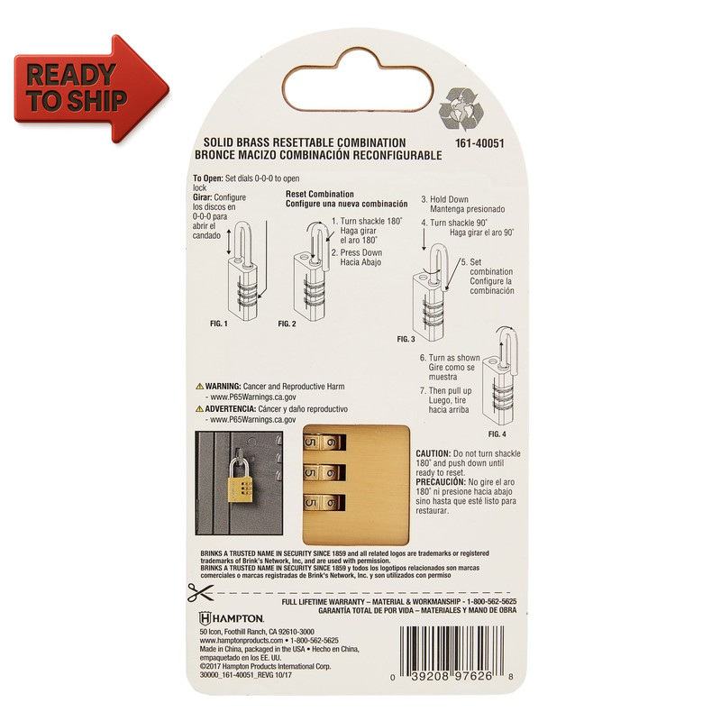 Solid Brass 40Mm Resettable Combination Padlock with 1 3/16In Shackle