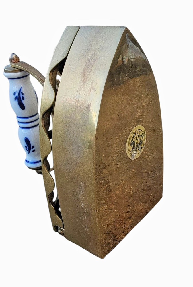 Vintage Brass Coal Iron w/Ceramic Blue & White Handle Opens Victorian Decorative