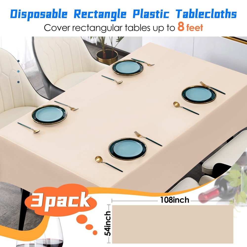 3 Pack Beige Plastic Tablecloth Disposable Rectangular Table Cloth 54 x 108 I...