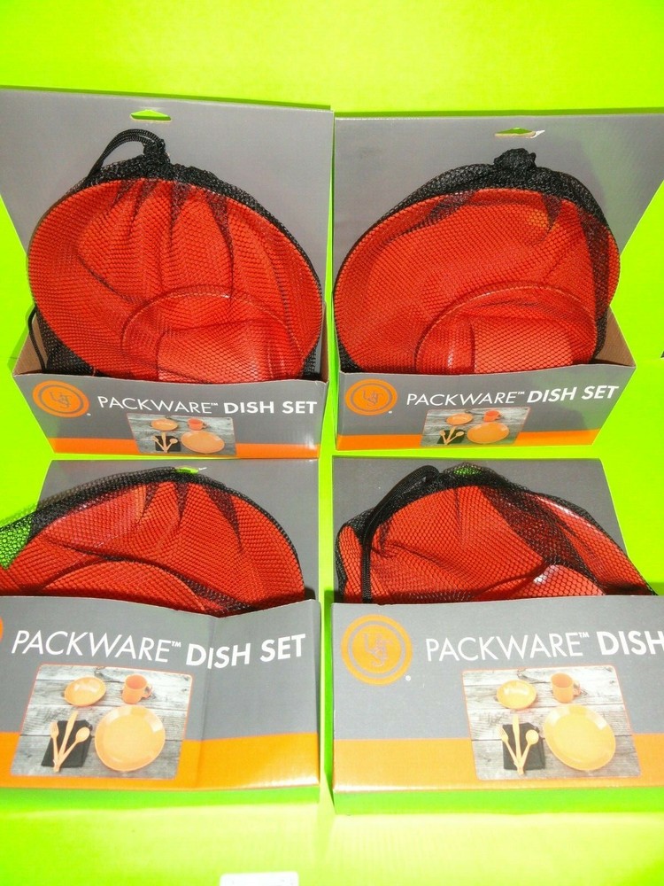 (4) SETS Packware Dish Plate Bowl Cup Utensils Mesh Storage Bag Hiking Camping