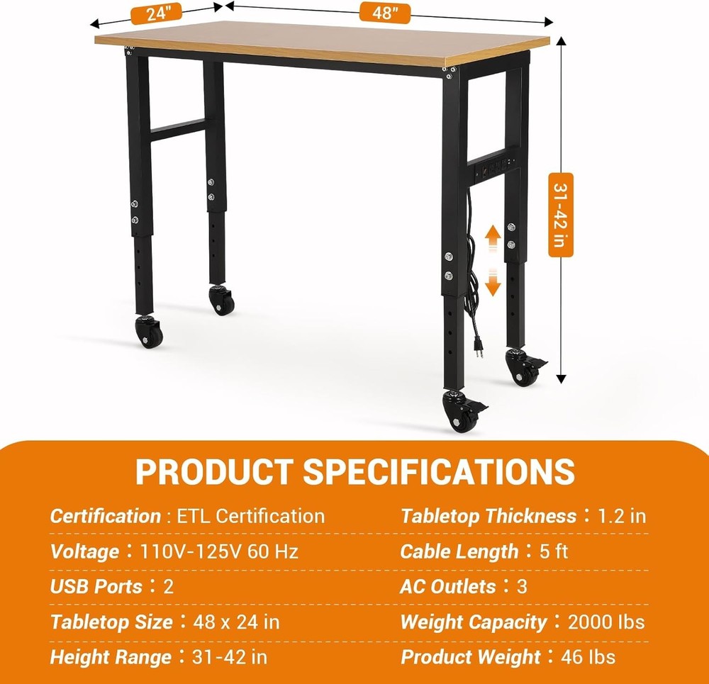 48" Adjustable Workbench Heavy Duty Garage Table w/ Power Outlet for Workshop