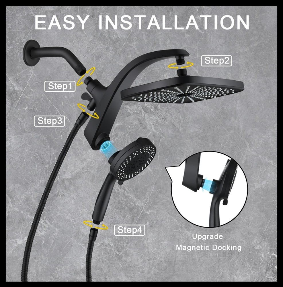 High Pressure Rain Shower Head Combo, Fixed & Handheld, 10 Spray Settings