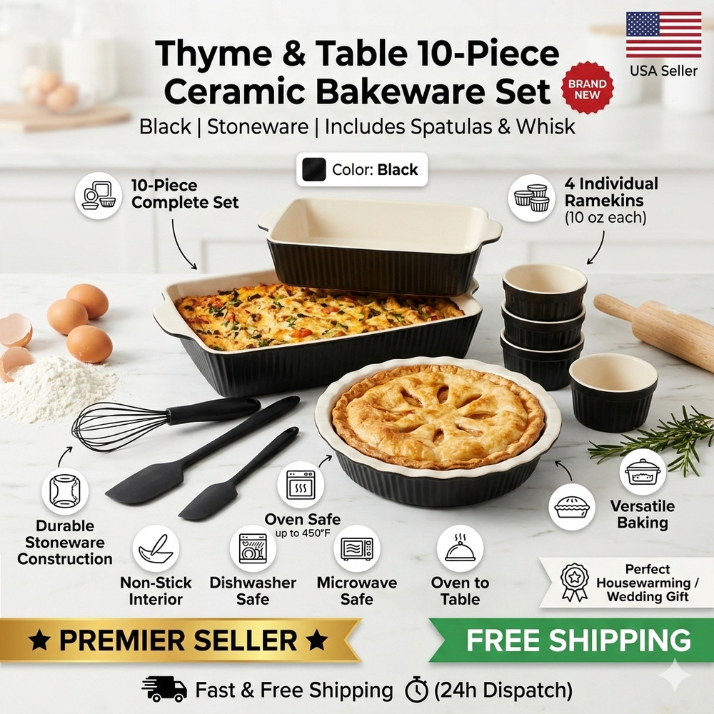 Thyme & Table Black Ceramic Bakeware Set – 10-Piece Stoneware NEW