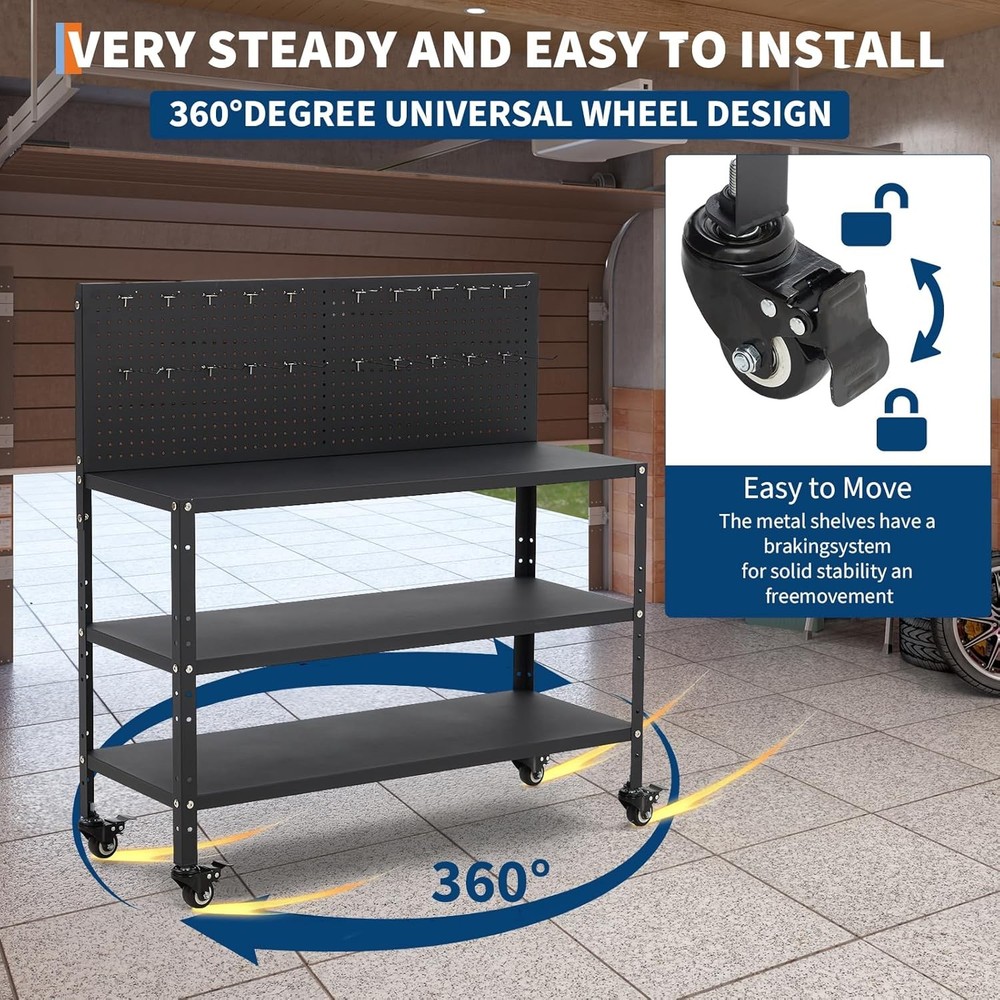 Metal Tool Work Table Adjustable Heavy Duty Bench Pegboard Garage Workstation