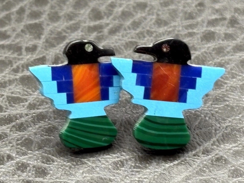 Sterling Silver Multicolor Inlay Thunderbird Stud Earrings Southwestern Style