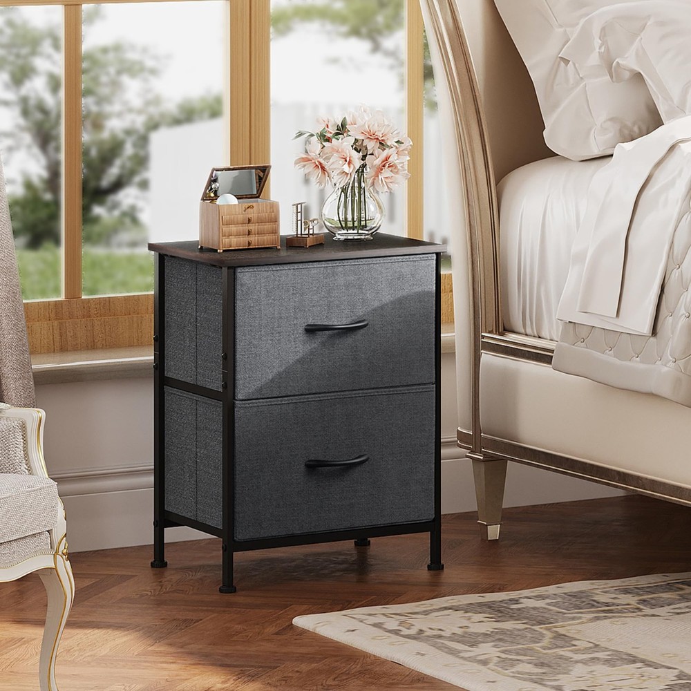 WLIVE 2-Drawer Nightstand Bedside Table with Fabric Bins, Dark Grey