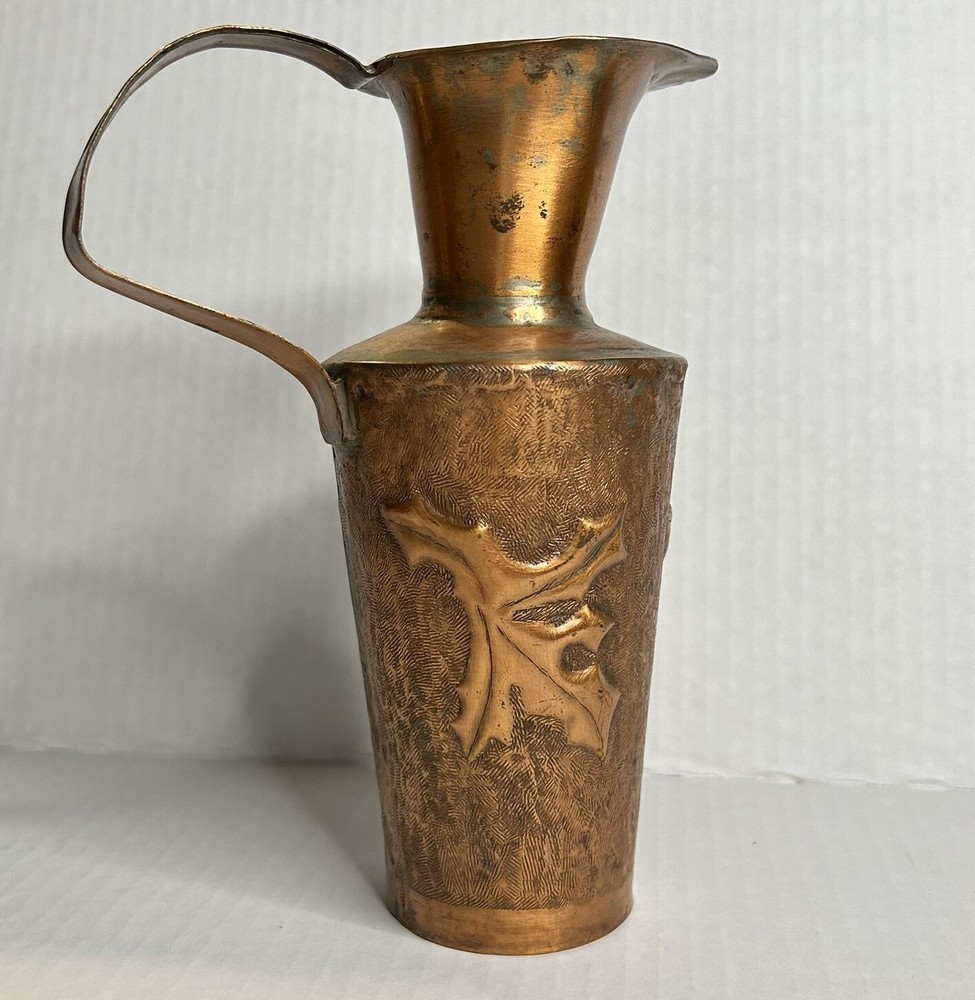 Antique Copper Hand Hammered 7” Pitcher With Stylized Leaf Forms