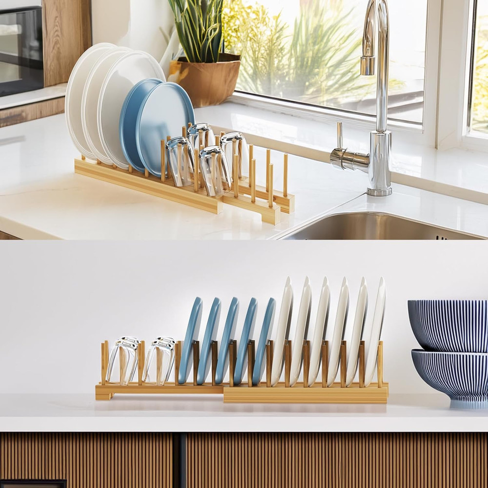 Bamboo Dish Rack - Expandable Plate Rack & Dish Drying Rack for Kitchen Cabinet