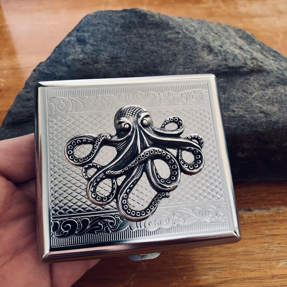 Octopus Cigarette Case RDIF Wallet & Business Card Stash Box Silver Chrome