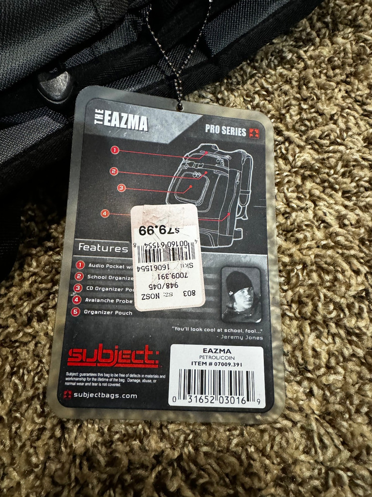Subject, "The EAZMA" snowboarding backpack.