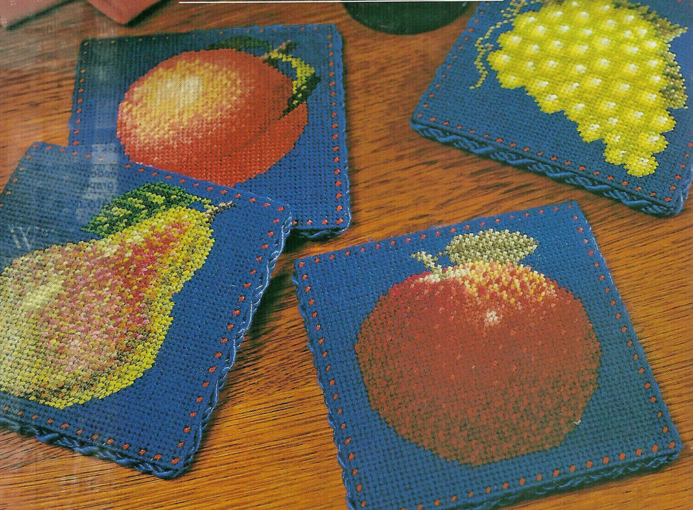 Four Fruit Coasters Needlepoint & Plastic Canvas Patterns Charts from a magazine